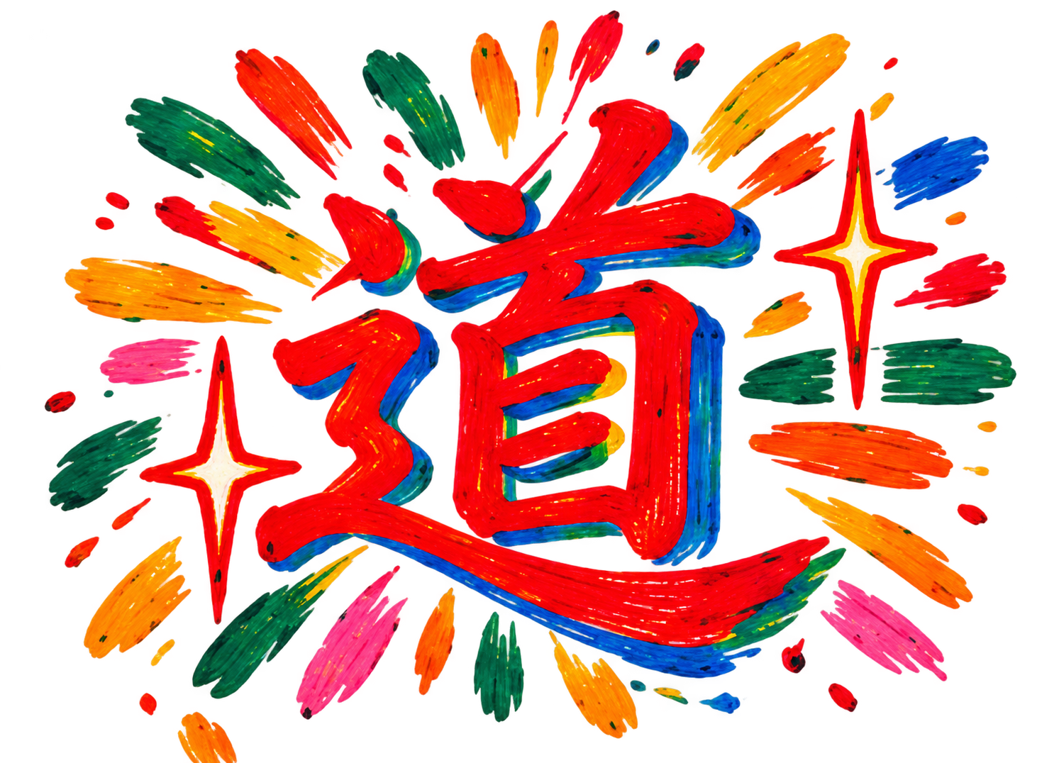 Colourful Dao calligraphy surrounded by brushstrokes and stars