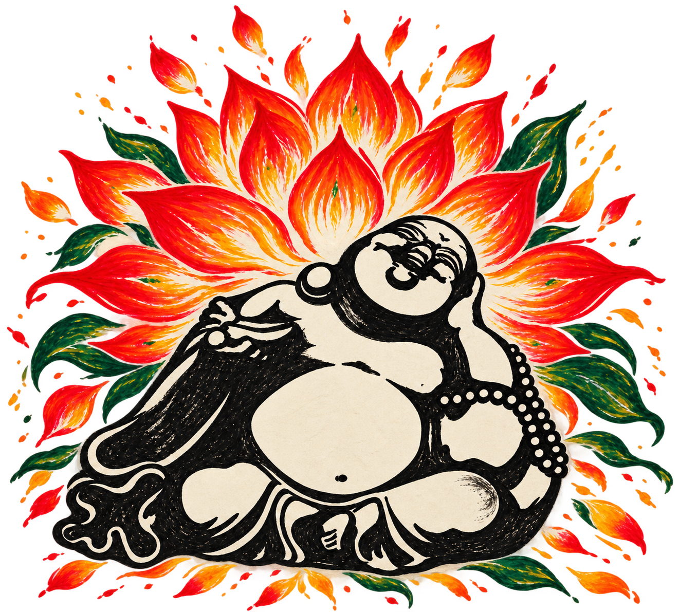 Feng Shui laughing Buddha surrounded by fiery lotus petals