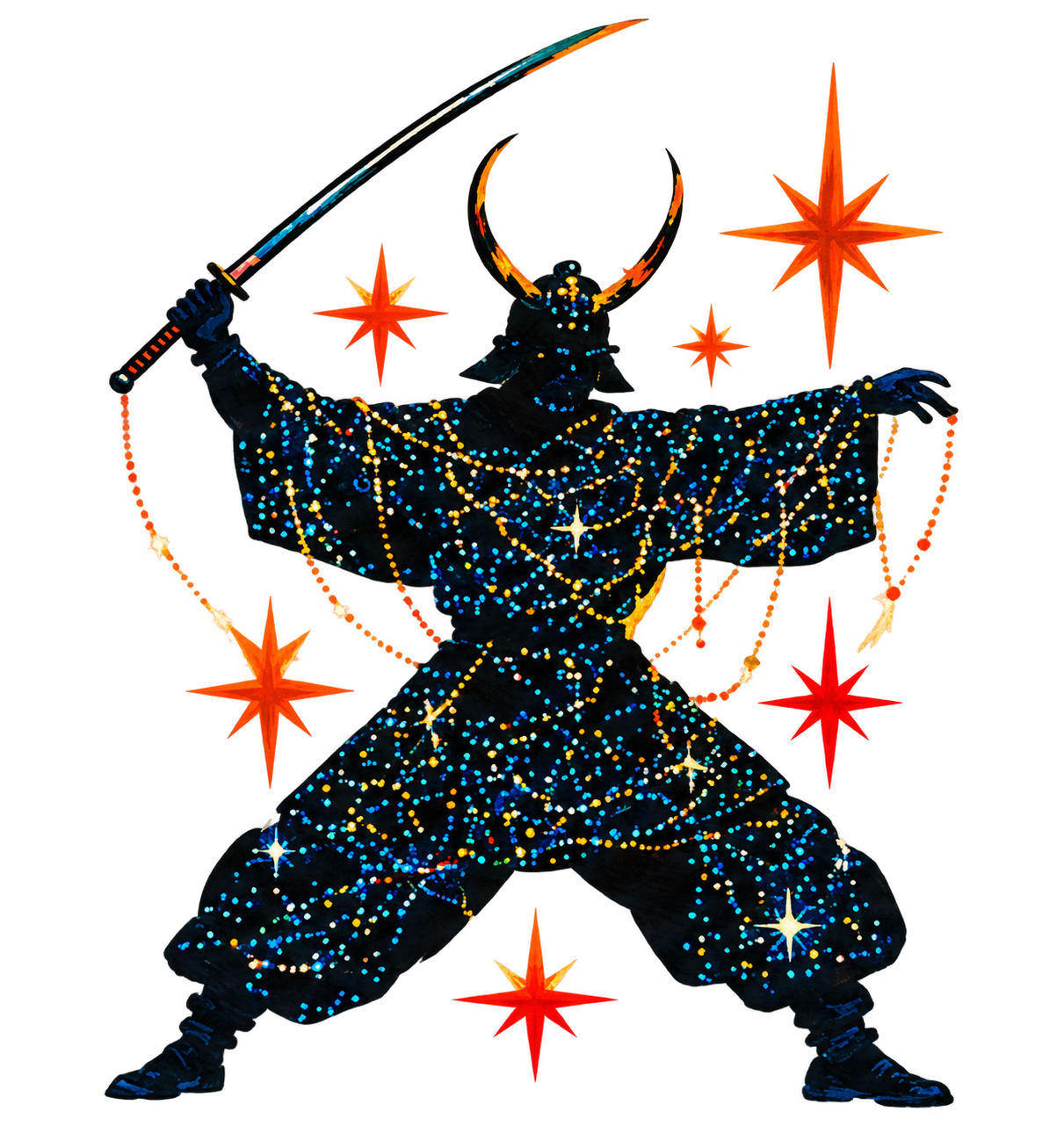 Cosmic samurai surrounded by orange stars
