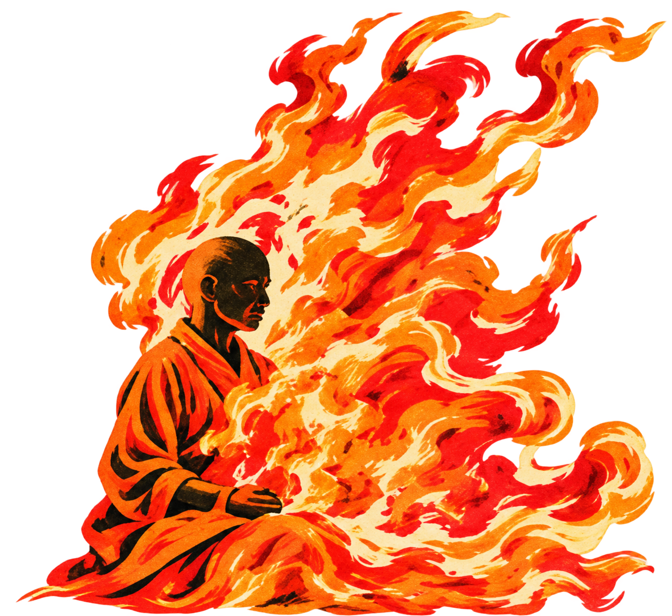 Meditating figure surrounded by flowing orange flames